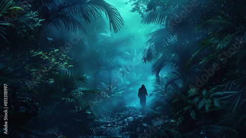 Explorer encountering strange, uncharted territory in a dense, mysterious jungle photo