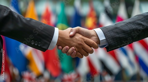 Diplomats agree on a new trade deal, shaking hands in front of international flags
