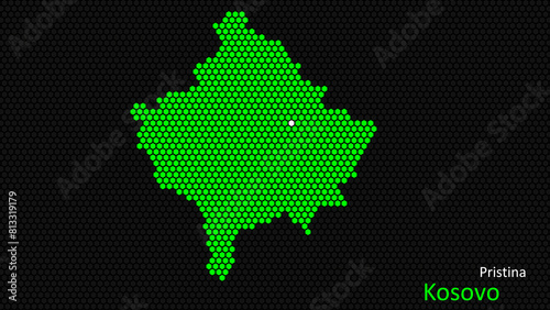 A map of Kosovo  with a dark background and the country s outline in the shape of a colored hexagon  centered around the capital. A simple sketch of the country