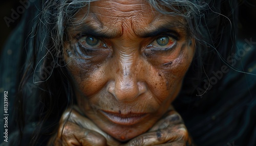 Elderly Woman with Intense Gaze and Wrinkled Skin