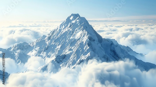 The majestic snow-capped mountain rises high above the clouds, its peakpiercing the sky.