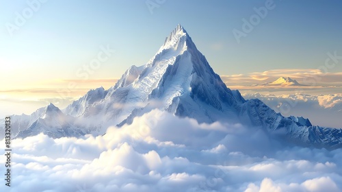 A majestic snow-capped mountain rises above the clouds. Its peak is bathed in the warm glow of the setting sun. photo