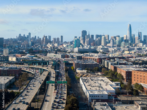 Freeway traffic and San Francisco city skyline, California, United States of America.