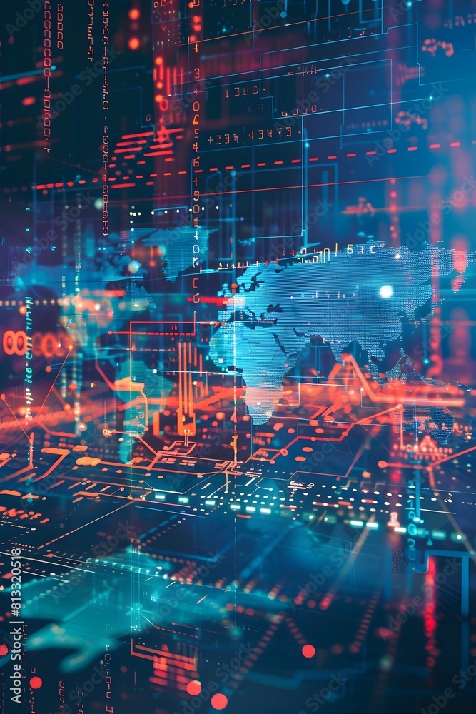 Obraz premium A Futuristic Digital Landscape Depicting the Growing Threat of Cyberattacks and the Importance of Robust Cybersecurity Measures in the Interconnected