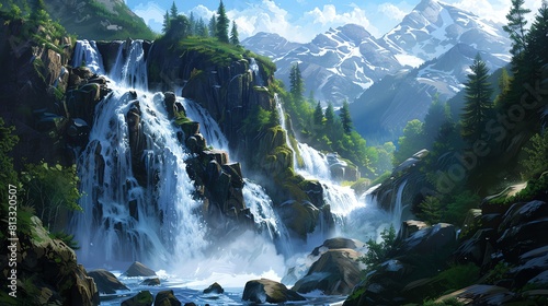 This is a beautiful landscape image of a waterfall in the mountains.