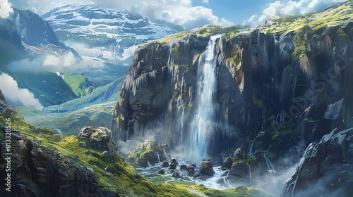 This is a beautiful landscape image of a waterfall in the mountains. The waterfall is cascading down a steep cliff into a pool of water below.