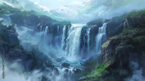 This is a beautiful landscape image of a waterfall in a valley. The waterfall is surrounded by green trees and mountains.