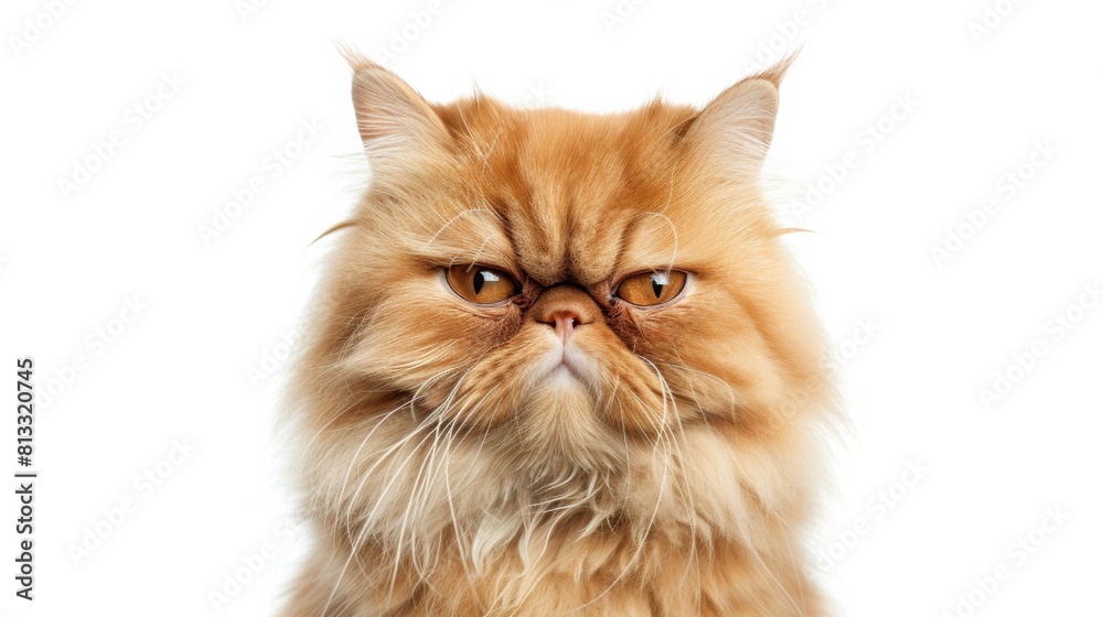 Grumpy yet elegant Persian with flat face and intense big eyes, enveloped in fluffy fur, contrasted against a clean white backdrop Grumpy yet elegant Persian with flat face and intense big eyes, enveloped in fluffy fur, contrasted against a clean white backdrop