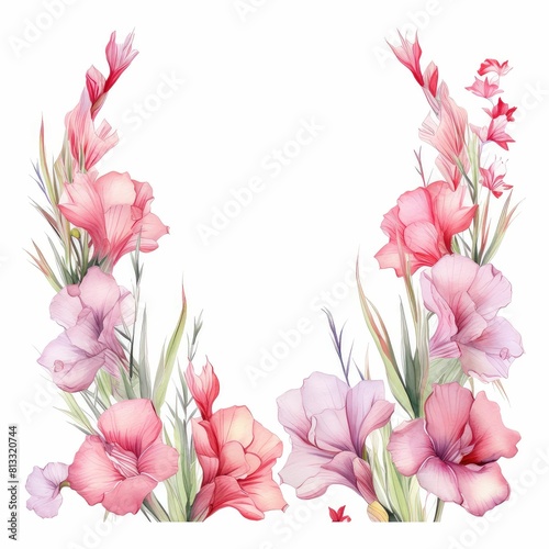 gladiolus themed frame or border for photos and text.tall spikes of colorful blooms. watercolor illustration, flowers frame, botanical border, Watercolor Flowers Frame.