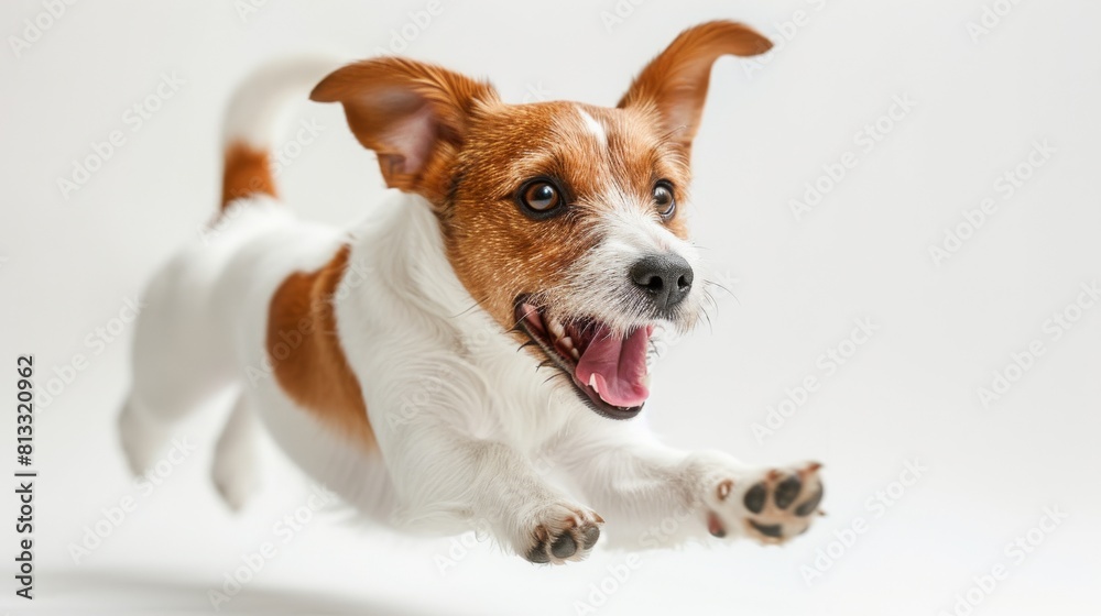 Ecstatic Jack Russell in blurred motion, joyfully leaping in a dynamically lit setting on a clean white background Ecstatic Jack Russell in blurred motion, joyfully leaping in a dynamically lit setting on a clean white background