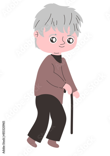 grandpa has white hair, grandpa uses a cane, grandpa walks around using a cane