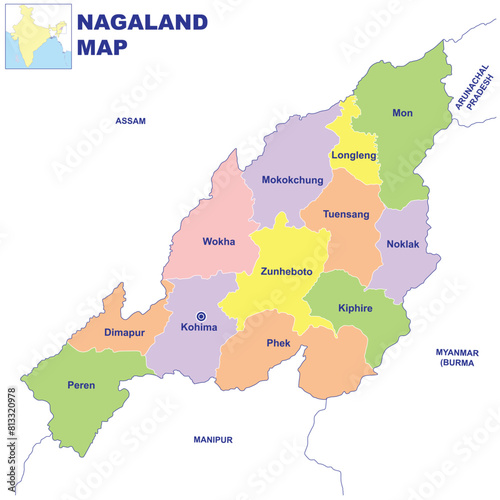 Detailed vector Illustration of Nagaland District map with neighbour state and country