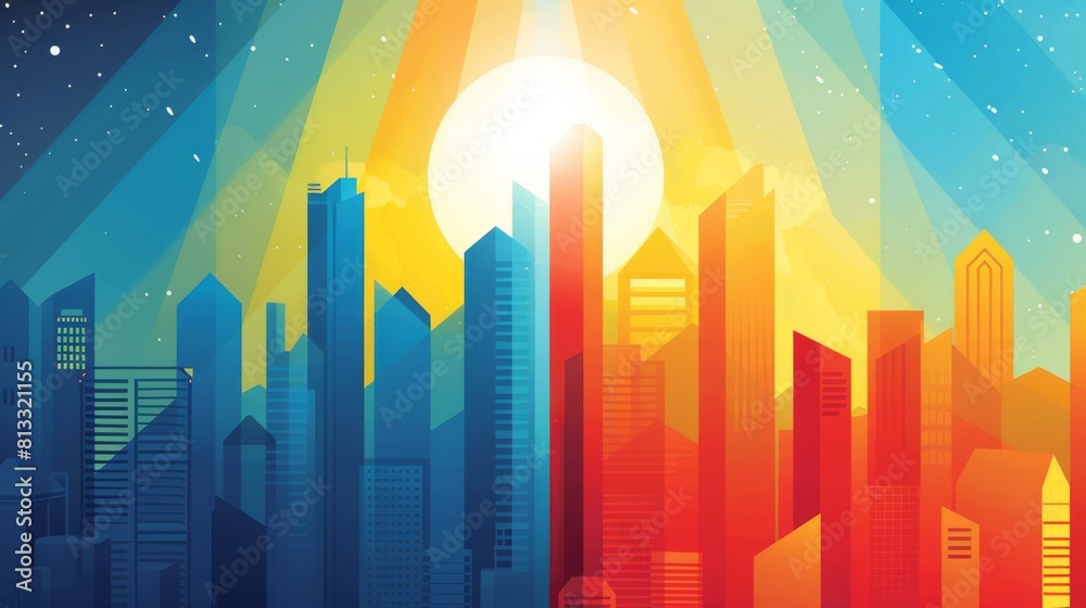 Cityscape against the backdrop of sunrise, half tone color hot and cool