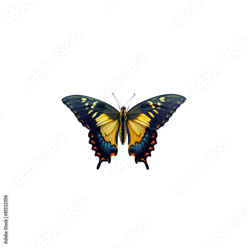 A butterfly with orange and blue wings is sitting on a white background