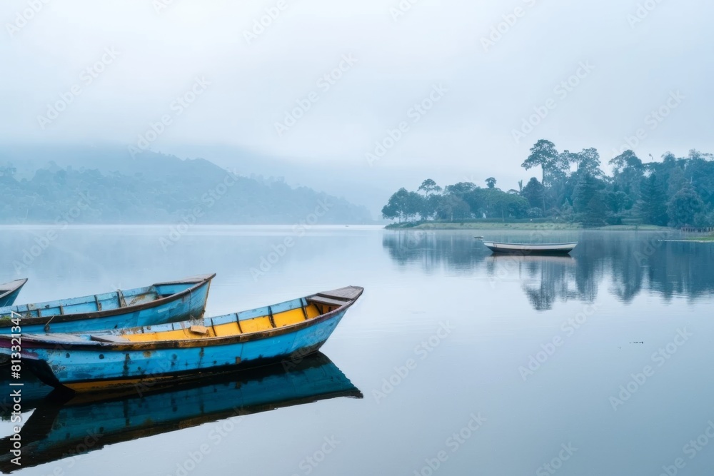 A serene lakeside scene with boats gently bobbing on the water A serene lakeside scene with boats gently bobbing on the water