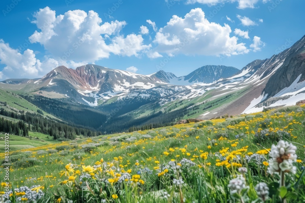 picturesque mountain vista with snow-capped peaks and alpine meadows picturesque mountain vista with snow-capped peaks and alpine meadows