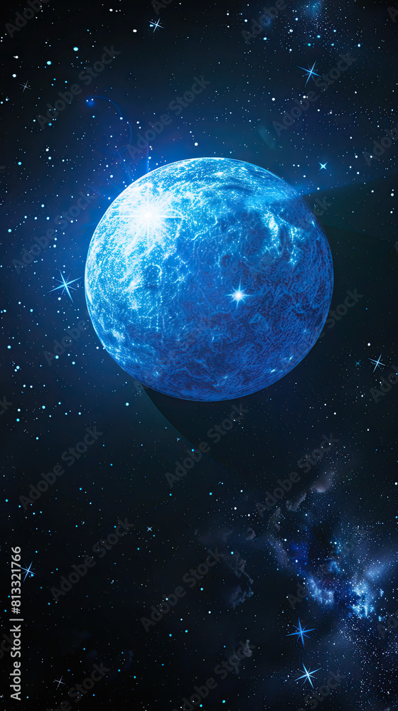 Fototapeta premium A hyper-realistic image of a blue supergiant star, dramatically highlighted against a dense star field, with smaller stars creating depth.