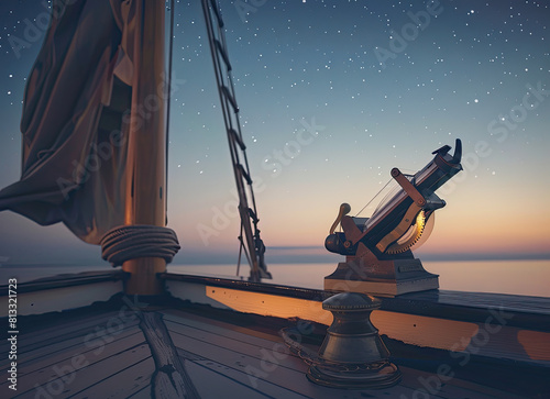Twilight at sea, featuring a sextant on an old ship's deck under a clear, starlit sky, symbolizing historical celestial navigation.