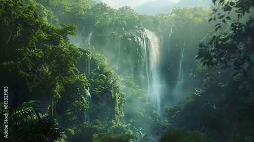 lush green vegetation surrounds a powerful waterfall in the middle of a dense jungle.