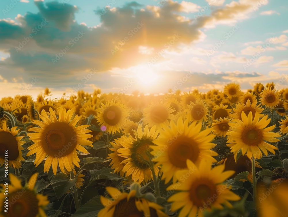 Fototapeta premium view of beautiful sunflower farm during sunset - ai