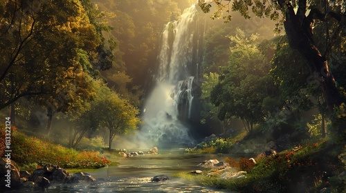 The image is of a beautiful waterfall in a forest. The waterfall is surrounded by lush green trees and flowers.