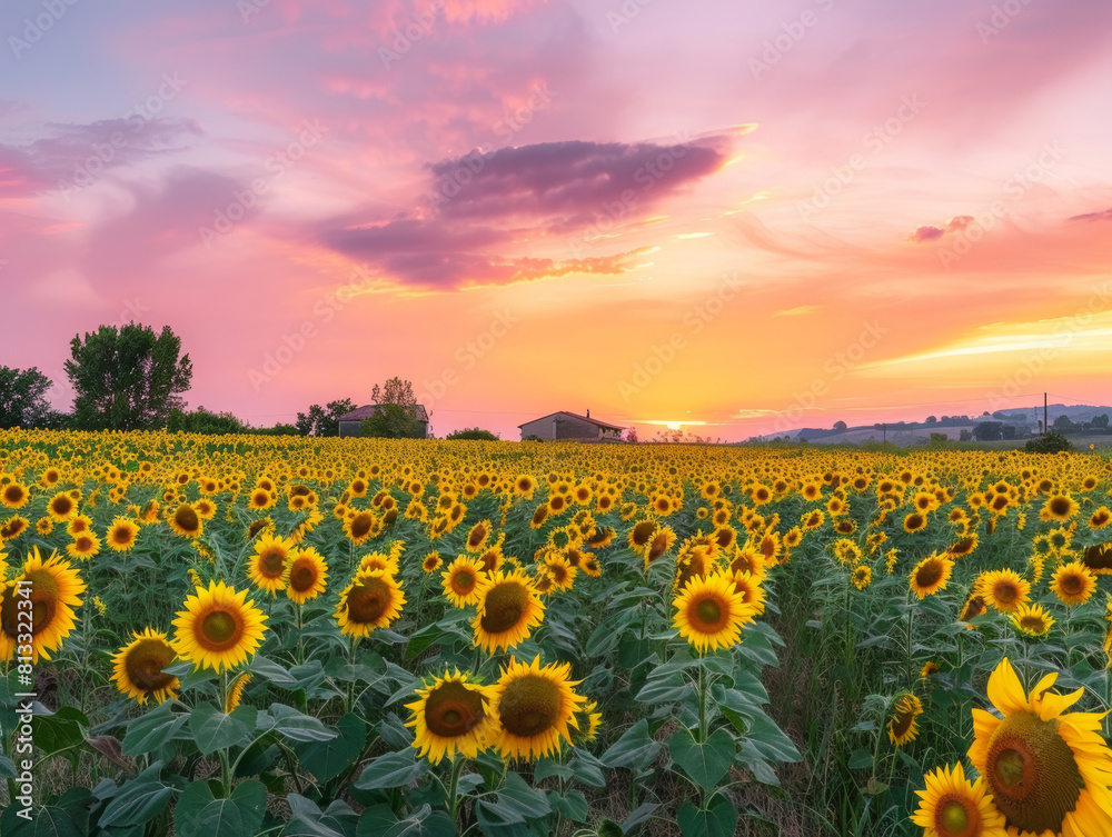 view of beautiful sunflower farm during sunset - ai