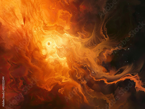 Vivid illustration of a protostar forming within a molecular cloud, with swirling gas and dust in intense oranges and yellows against dark space. photo