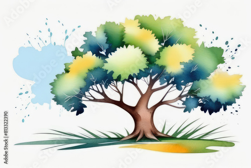 Tree colorful foliage in varying shades  representing season summer  isolated on white background in watercolor style.