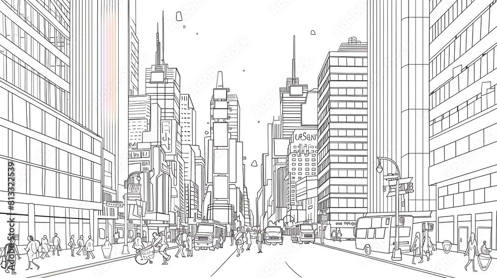 Fototapeta premium The city street is full of people and traffic. There are tall buildings on both sides of the street.