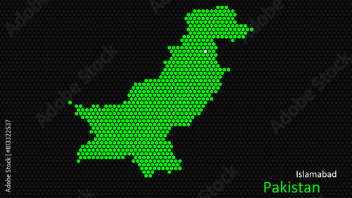 A map of Pakistan  with a dark background and the country s outline in the shape of a colored hexagon  centered around the capital. A simple sketch of the country