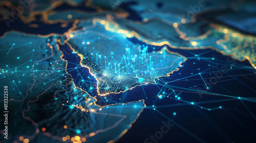 "Abstract map of Saudi Arabia, Middle East and North Africa, idea of worldwide connections and linking, data moving and cyber tech, info swap and telecom"