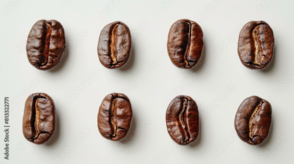 Top-down view of roasted coffee beans arranged neatly, isolated against a clean background, perfect for advertising in studio lighting Top-down view of roasted coffee beans arranged neatly, isolated against a clean background, perfect for advertising in studio lighting