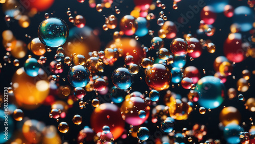 many small, circular bubbles of different colors floating in a liquid.