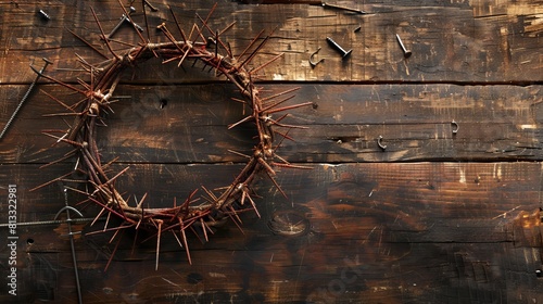 Studio-lit top view of a Christian crown of thorns resting on a wooden desk, surrounded by nails and isolated for clarity photo