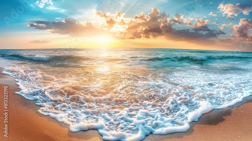 Sunrise over the sea with sand beach, Panorama shot.