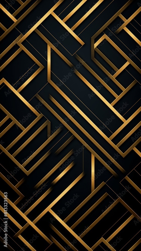 Intricate art deco geometric pattern in gold against a black backdrop, background