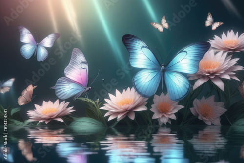 Dreamlike of a fluttering butterfly and flowers reflected in a still body of water. © elena_hramowa