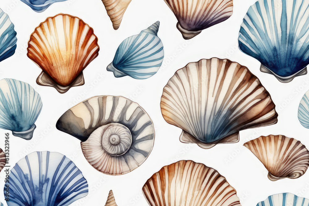 Watercolor composition beach seashells in blue, ocher and gold colors on white background.