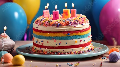 A vibrant and colorful birthday cake with layers of fluffy frosting and sprinkles  surrounded by a group of smiling friends and family.