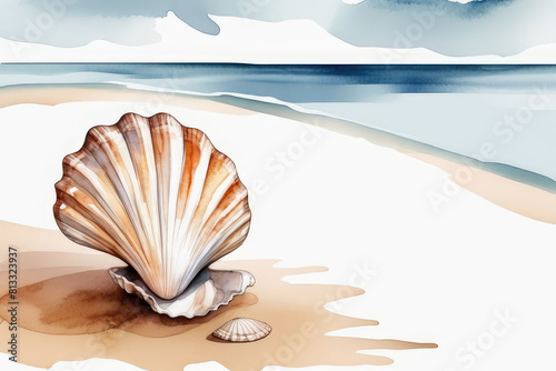 Watercolor composition beach seashells in blue, ocher and gold colors on white background.