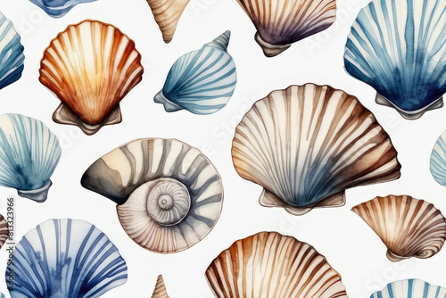 Watercolor composition beach seashells in blue, ocher and gold colors on white background. photo
