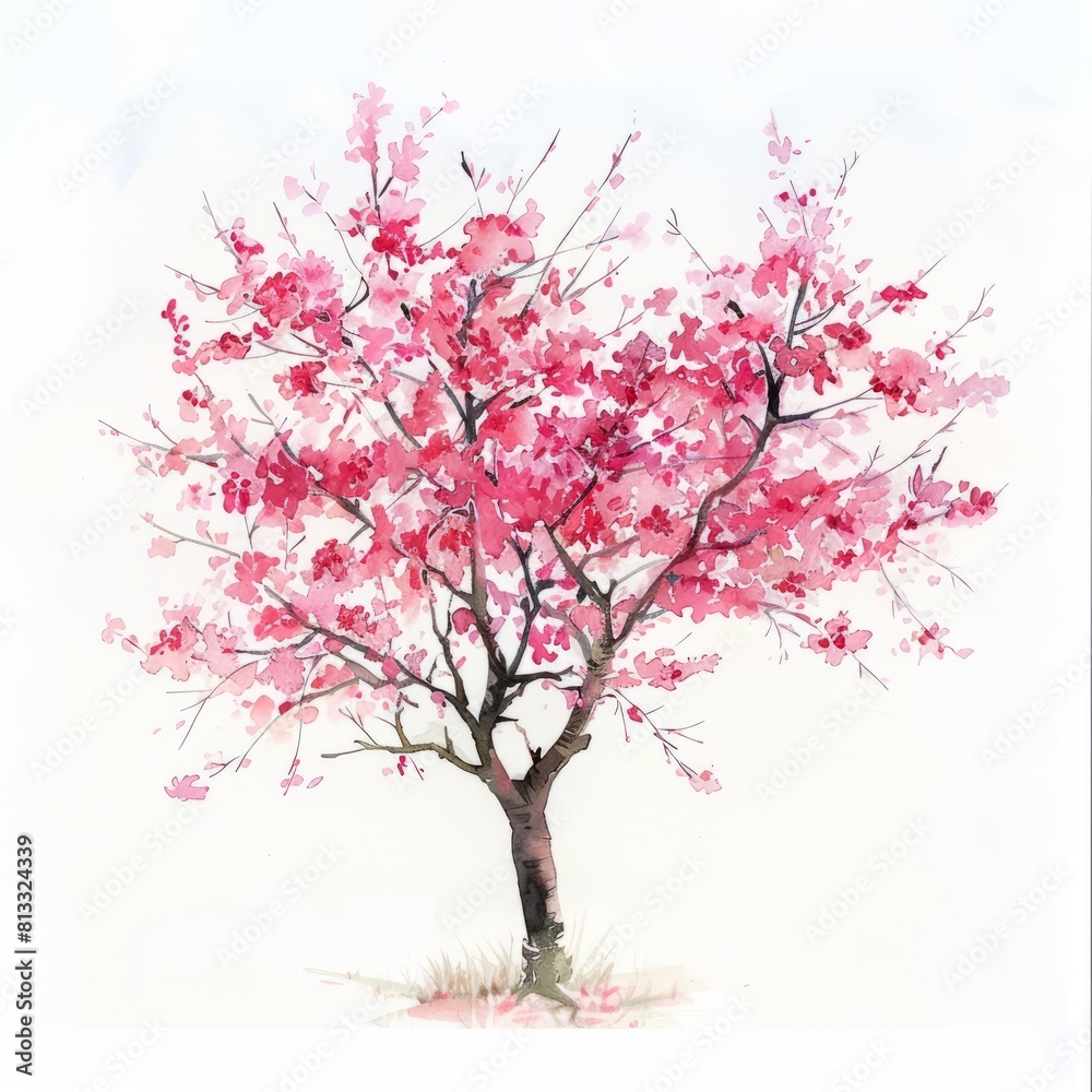 Obraz premium Watercolor painting of a vibrant cherry blossom tree in full bloom, with delicate pink flowers adorning its branches, Generative AI