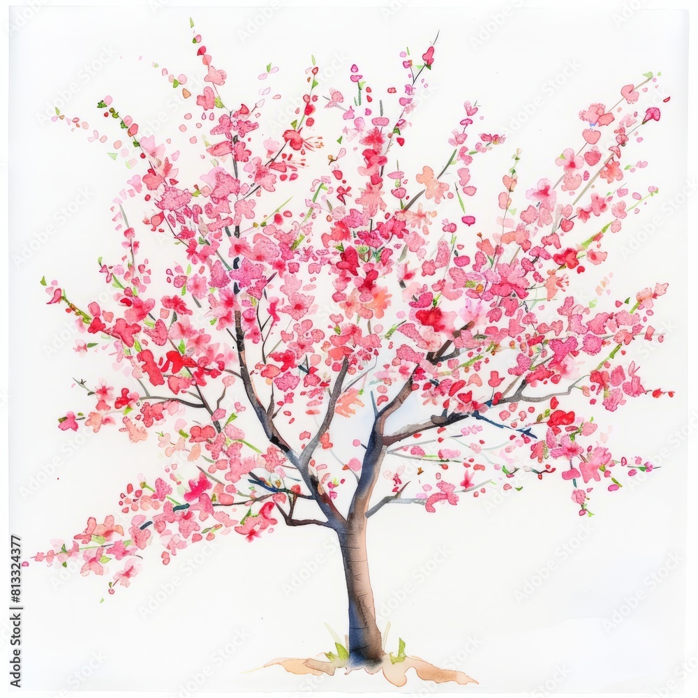 Watercolor painting of a vibrant cherry blossom tree in full bloom, with delicate pink flowers adorning its branches, Generative AI