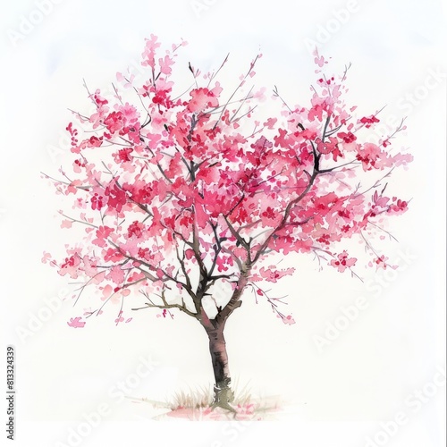 Watercolor painting of a vibrant cherry blossom tree in full bloom, with delicate pink flowers adorning its branches, Generative AI
