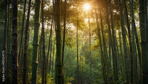 Fresh Bamboo Trees and Morning Sun In Forest With Blurred Background