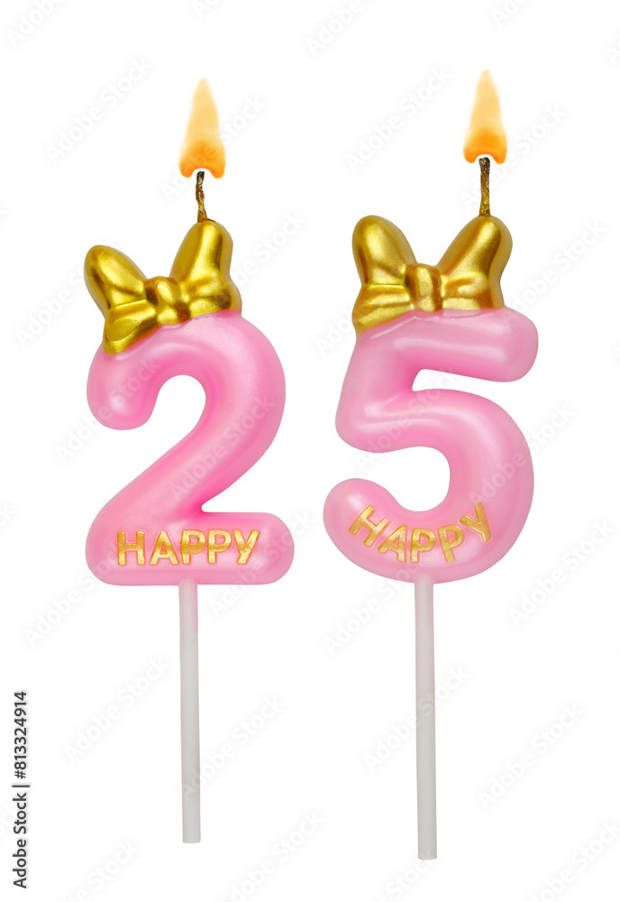 Burning pink birthday candles isolated on white background. Number 25. Burning pink birthday candles isolated on white background. Number 25.