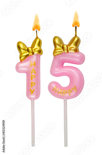 Burning pink birthday candles isolated on white background. Number 15.