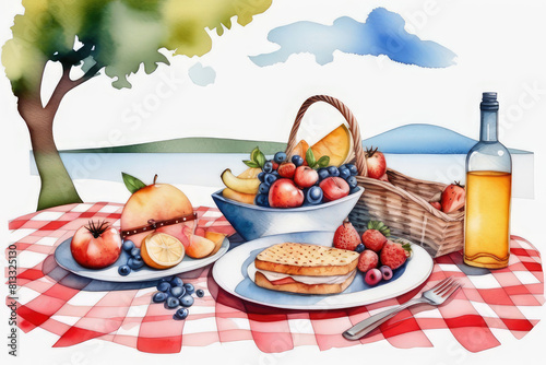 A cozy family picnic on the grass on a warm sunny day with picnic basket, fruits and sandwiches in watercolor style.