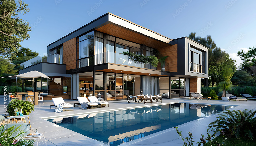 a modern house with a pool surrounded by lush greenery, featuring a variety of chairs and a white umbrella, set against a clear blue sky