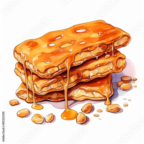 A watercolor painting of a stack of three peanut brittle bars. The brittle is made with roasted peanuts, sugar, and corn syrup. It is topped with a layer of melted chocolate. photo